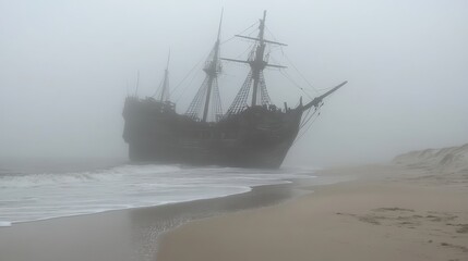 Mysterious Shipwreck on Foggy Shoreline at Dusk