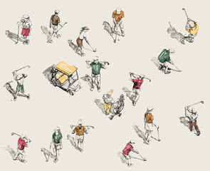 Set of illustrations, golfers on the field top view, graphic, hand drawn ink sketches in pastel colors, golf cart buggy, clubs, players. High quality photo