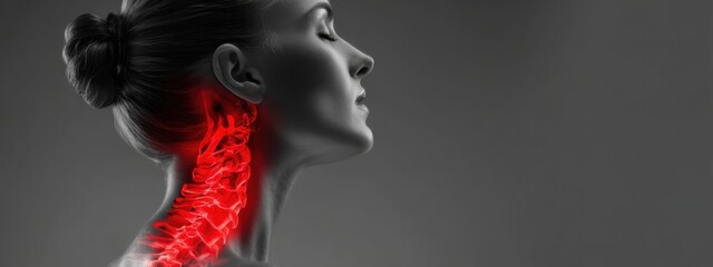 Visual representation of human spine anatomy in a striking monochrome style highlighting the cervical region