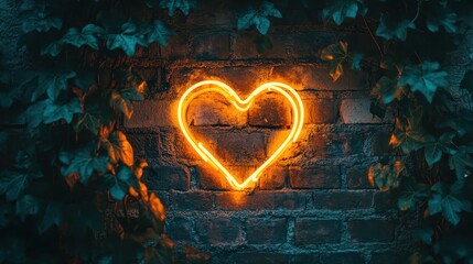 Neon Heart Sign Illuminated Against Brick Wall Surrounded by Ivy