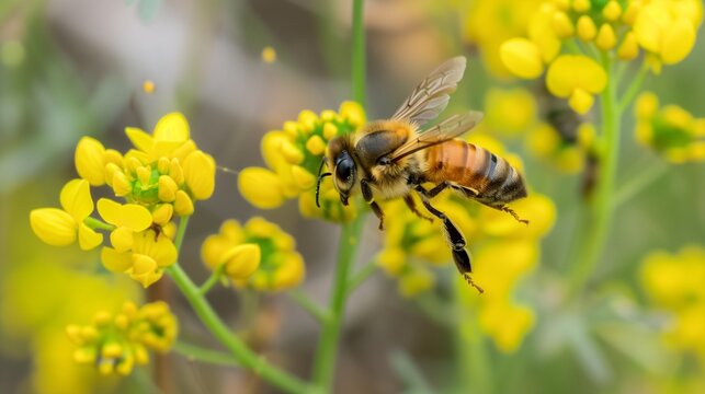 A bee hovering over mustard flowers, capturing the moment of pollination amidst the vibrant yellow blossoms.