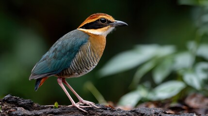 Fototapeta premium Colorful Bird Standing on a Log in a Natural Forest Setting