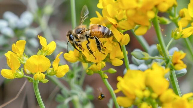 A bee hovering over mustard flowers, capturing the moment of pollination amidst the vibrant yellow blossoms. - Powered by Adobe