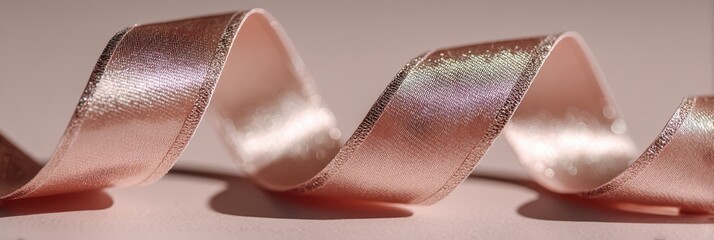 A delicate, shimmering pink ribbon elegantly twists against a soft background, showcasing its glossy texture and graceful curves.