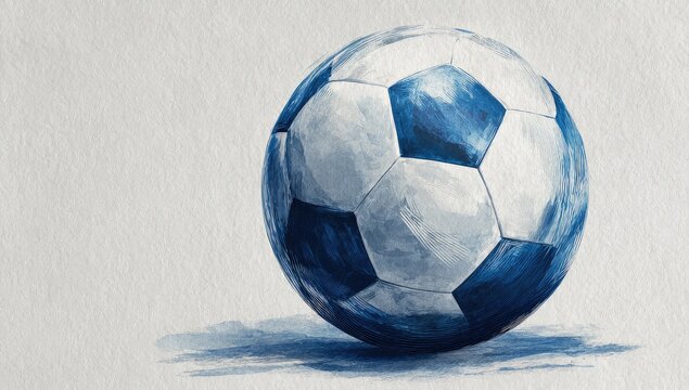 Watercolor-style rendering of a soccer ball, predominantly blue and white, with a subtle shadow cast on a light gray background - Powered by Adobe