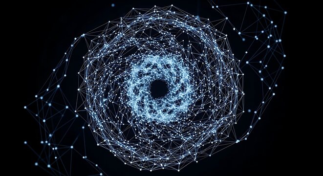 Abstract network of connected dots and lines forming a complex structure