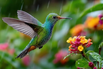 Naklejka premium Hummingbird in vibrant colors feeding among flowers during a rain shower