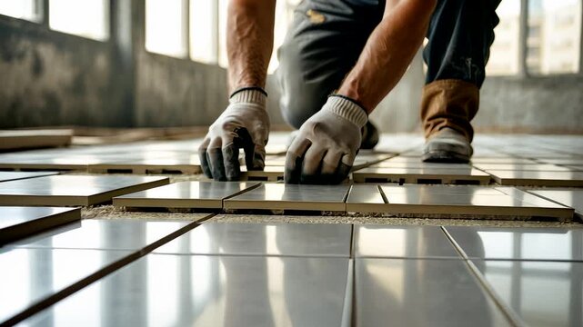 Worker installing floor tiles in unfinished interior building using tools and hands for professional construction work