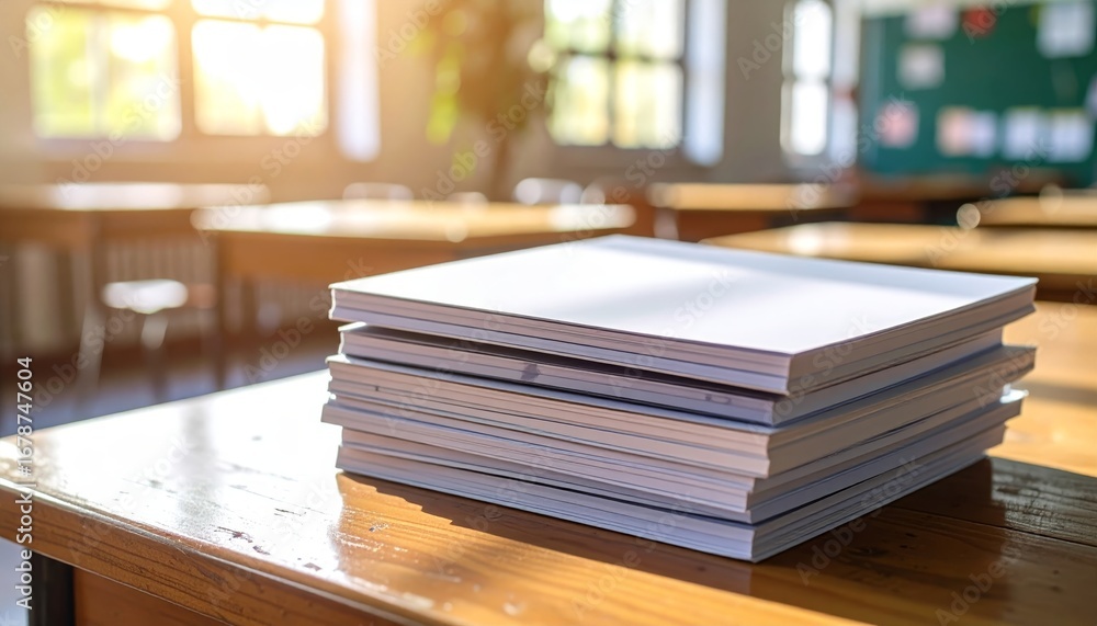 Poster stack of blank papers on school desk in bright classroom setting