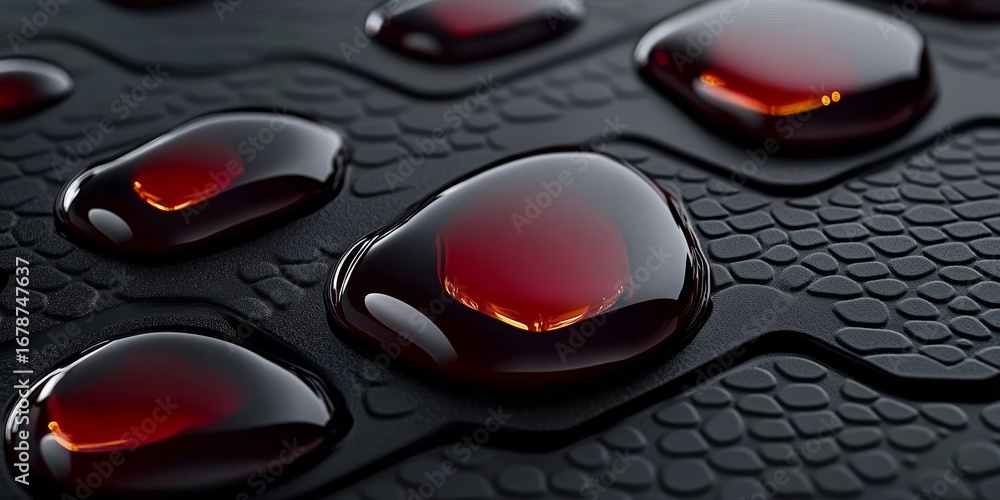 Poster dark hexagonal grid with glossy surface and blood accents, unique 3d texture in abstract art