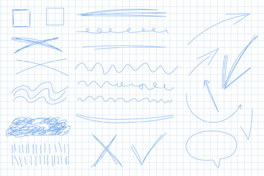 Various blue lines and shapes drawn on graph paper.