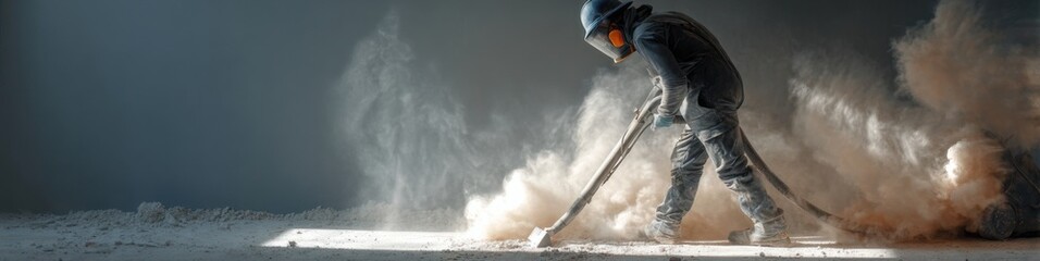 Obraz premium Construction worker using a vacuum to clean dust in an industrial setting during daylight hours