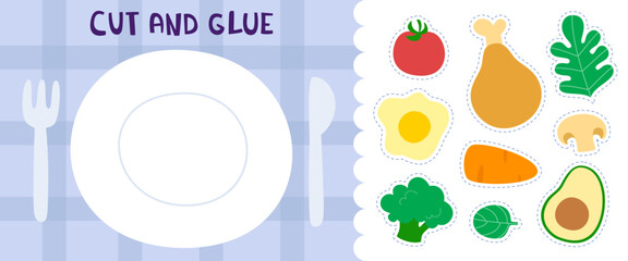Food plate mini game with magnetic ingredients. Cut and glue mini game for kids.