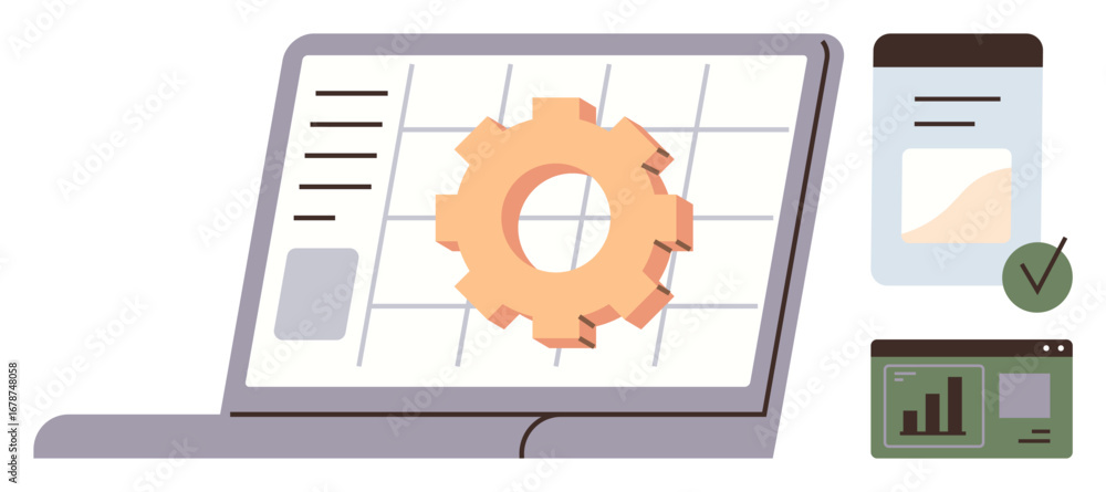 Poster gear on a laptop screen symbolizing workflow, surrounded by analytics and checklist elements. ideal 