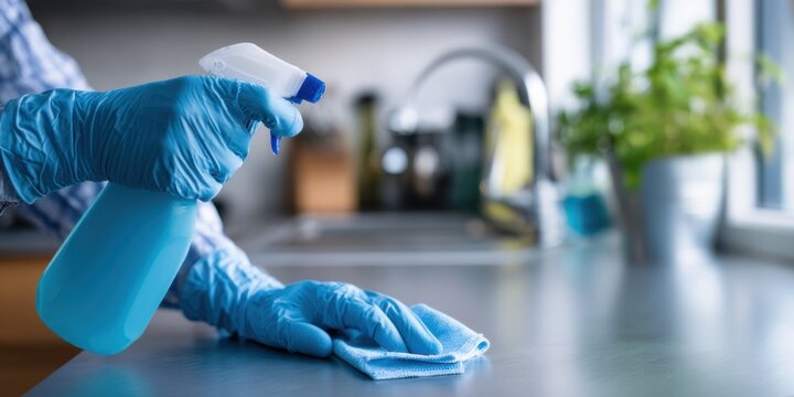 Cleaning the kitchen countertop with gloves and a spray bottle before preparing meals in a bright, tidy home