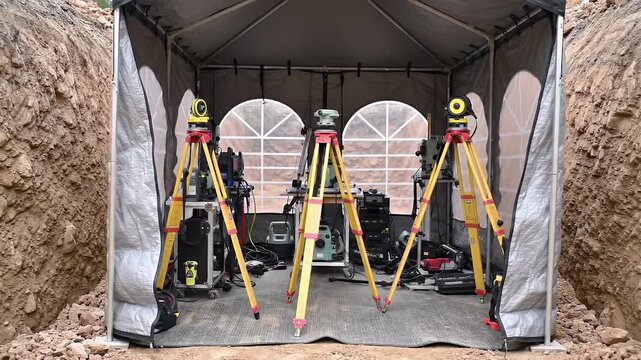 Detailed View Inside a Trench Excavation with Three Yellow Tripod Mounted Theodolites in a Surveyor's Tent with Light Gray Fabric Perfect for Illustrating Land Surveying and Construction Engineering