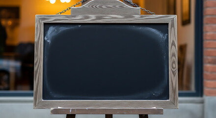 Empty chalkboard on a wooden easel in front of a cafe