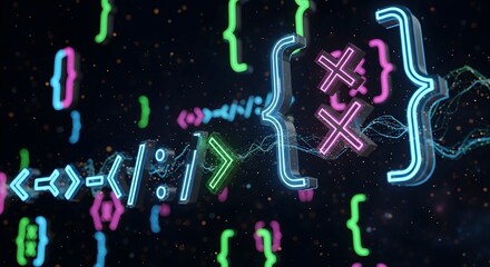 A vibrant display of programming symbols in neon colors against a dark background with particle effects