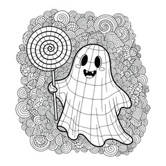 Cute Kawaii Ghost Holding a Swirl Lollipop with Intricate Doodle Background