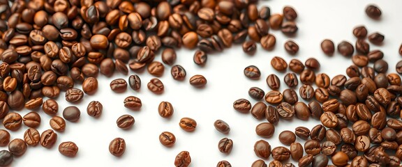 Obraz premium Roasted coffee beans scattered on white, ample copy space, banner, coffee