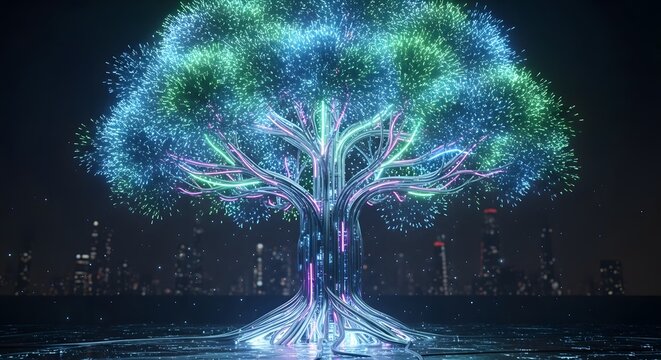 A glowing digital tree with a futuristic city skyline in the background at night time scene art