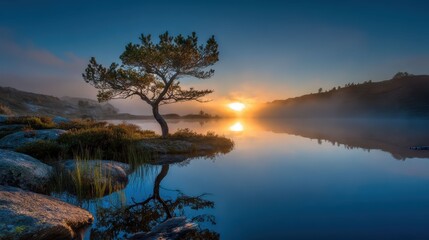 Obraz premium A golden sunset bathes a solitary tree and rocky island in warm glowing light reflecting across the tranquil lake surface.