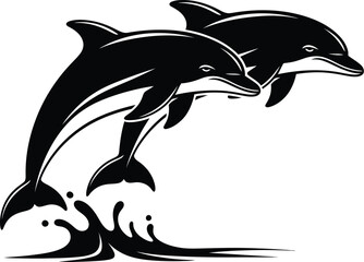 Two dolphins jumping out of water in a black and vector illustration
