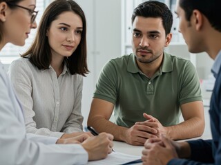 A medical professional in a white coat consults with a couple in an office setting, taking notes during a serious discussion.