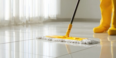 Person mops a clean tiled floor in a bright room during the afternoon with sunlight streaming through the curtains