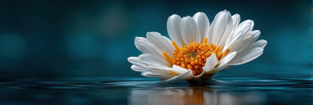 A close-up of a white flower floating on water, showcasing delicate petals and vibrant yellow stamens, set against a soft blue background. - Powered by Adobe
