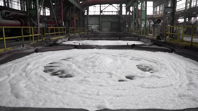 Detailed View Inside Zinc Flotation Cell Room with Frothy Liquid at Industrial Plant for Mineral Separation Mining Industry and Metallurgical Extraction Process Footage with No People Visible