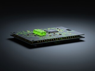 A dark circuit board with glowing green traces and a luminous green rectangular component, alongside an IC chip, against a dark, gradient background.