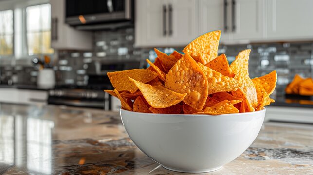 A bowl of spicy nacho cheese Doritos, with their bright orange color, set on a kitchen island with a modern backsplash.