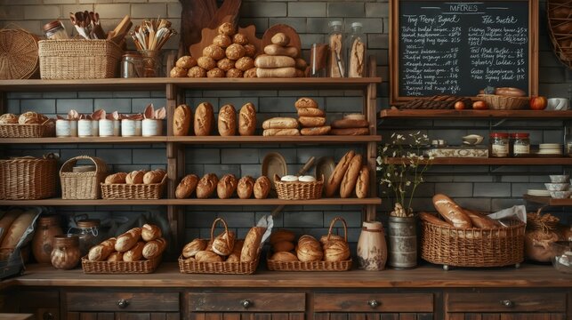 Shelves offering freshly baked bread and pastries in cozy bakery display - Powered by Adobe