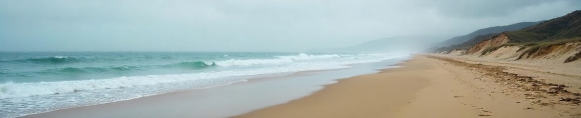 Lonely shoreline, waves crashing against deserted sand, grey sky overhead; a melancholic beach scene evoking feelings of solitude and wistful longing , coast, despair, reflective
