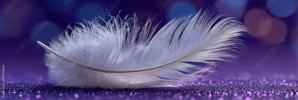 Poster a delicate white feather rests on a sparkling surface, illuminated by soft purple lighting, creating
