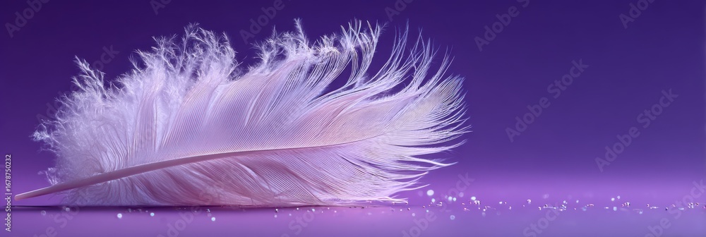 Poster a delicate white feather rests on a soft purple background, adorned with subtle sparkles, creating a