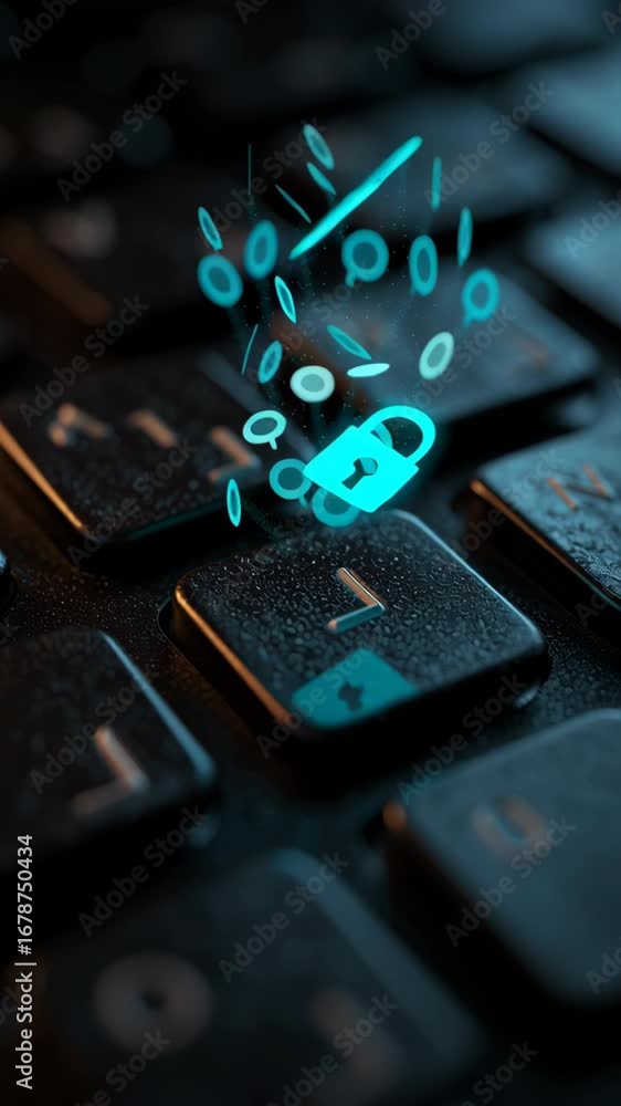 Poster secure digital lock symbol on keyboard emphasizing password protection, encryption, and technology f