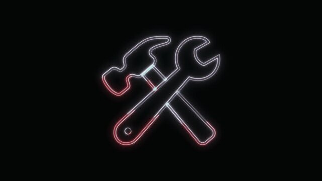  Hammer and Wrench Icon Neon Seamless Loop 4K with Black Background Animated Promotional Typography for Video Editing