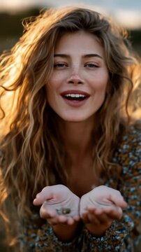Young Woman Blowing Flowers in Golden Sunset Light