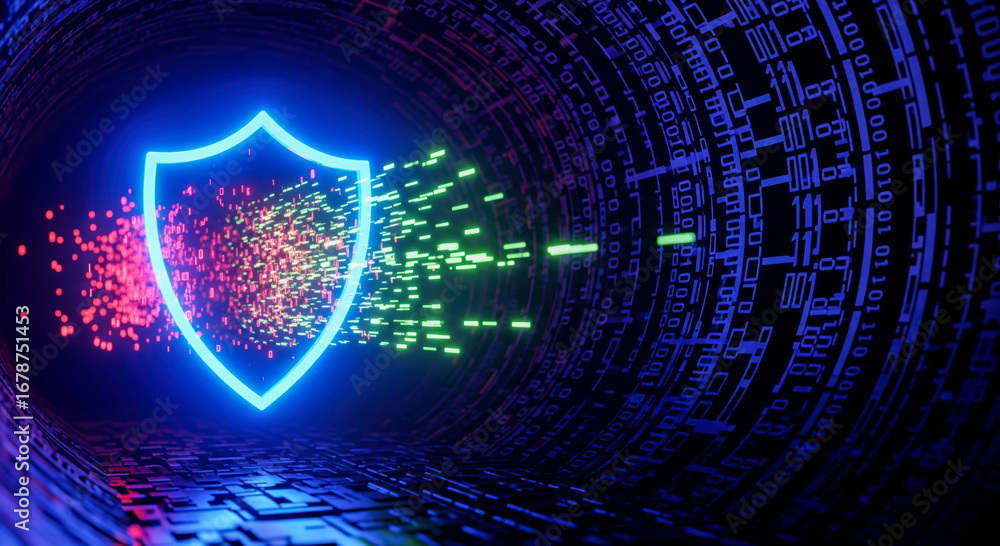 Aufkleber firewall security shield filtering network traffic, blocking red malicious data streams while allowi