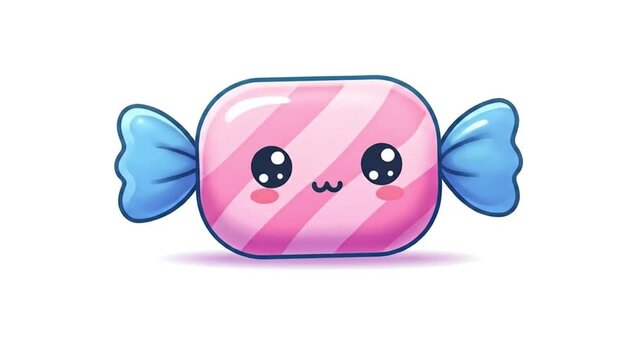 Cartoon illustration of a pink candy with a smiling face and blue wrappers on a white background.