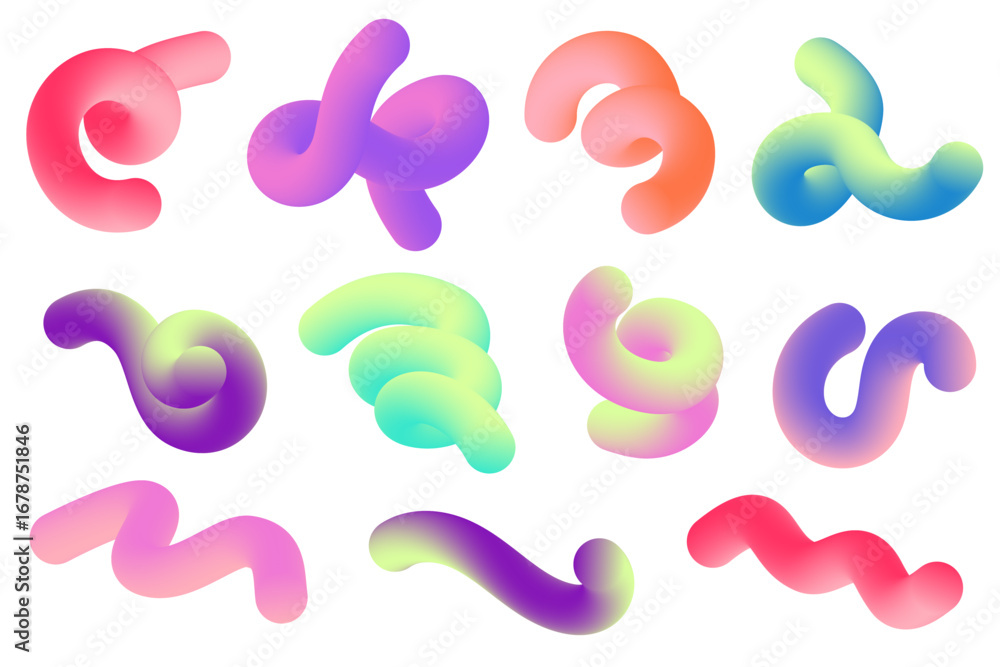 Poster 3d gradient abstract shapes. colored fluid wavy lines. bright blended elements on dark background. s