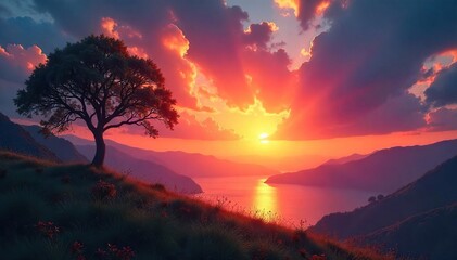 A vibrant sunrise over a tranquil landscape, symbolizing rebirth, renewal, and the triumph of life over darkness  Perfect for themes of hope, faith, and spiritual awakening ,  transcendence,  growth