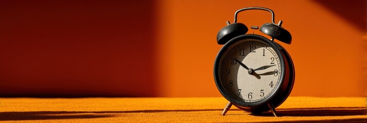 A black alarm clock stands on a vibrant orange surface, casting a shadow, emphasizing time and simplicity in design.