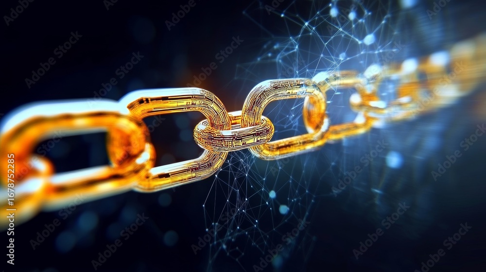 Poster interconnected future gold chain symbolizing secure blockchain network and cybersecurity