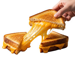 Classic grilled cheese sandwich, thick-cut sourdough with melted orange cheddar and a long, elastic cheese pull, on rustic wood against a gray background. Concept of appetizing food photography