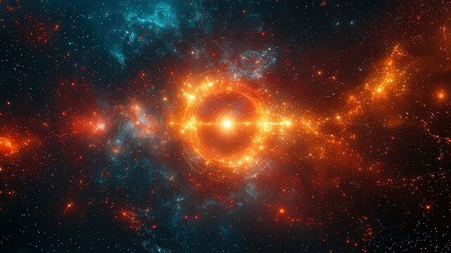 Stunning cosmic explosion:vibrant orange and blue neula with radiant star at te center, perfect for sci-i themes and space exploraion visuals.