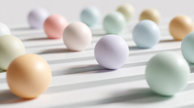 Minimalist arrangement of pastel-colored spheres aligned in a clean geometric grid on a white background