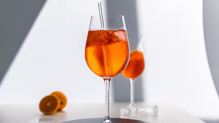 Glas mit leuchtend orangefarbenem Aperol Spritz Cocktail, verziert mit Eiswürfeln, einer frischen Orangenscheibe und einem stilvollen Trinkhalm